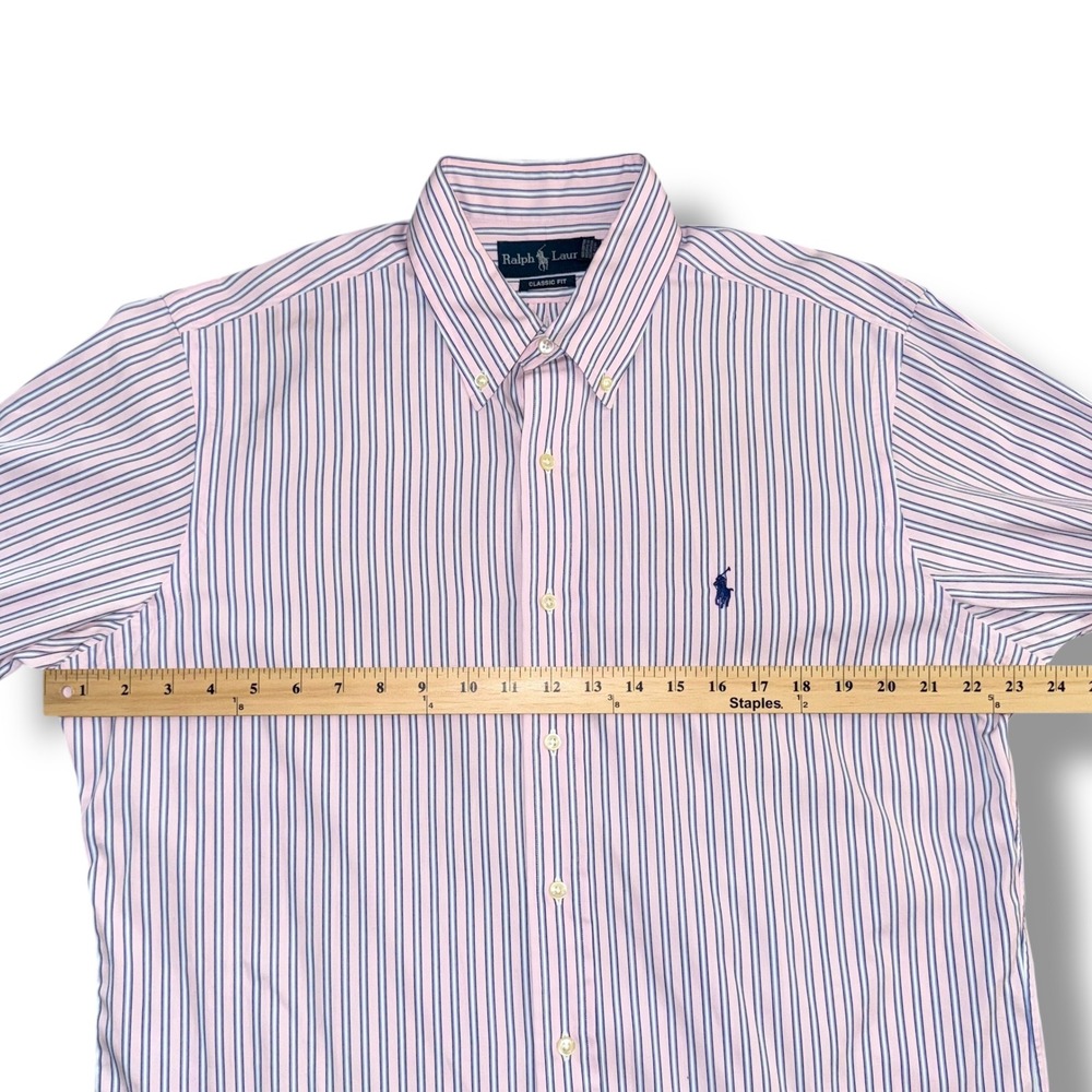 Ralph Lauren Classic Fit Men's‎ L 16 34/35 Pink Blue Stripe Button Down Shirt - Picture 2 of 6